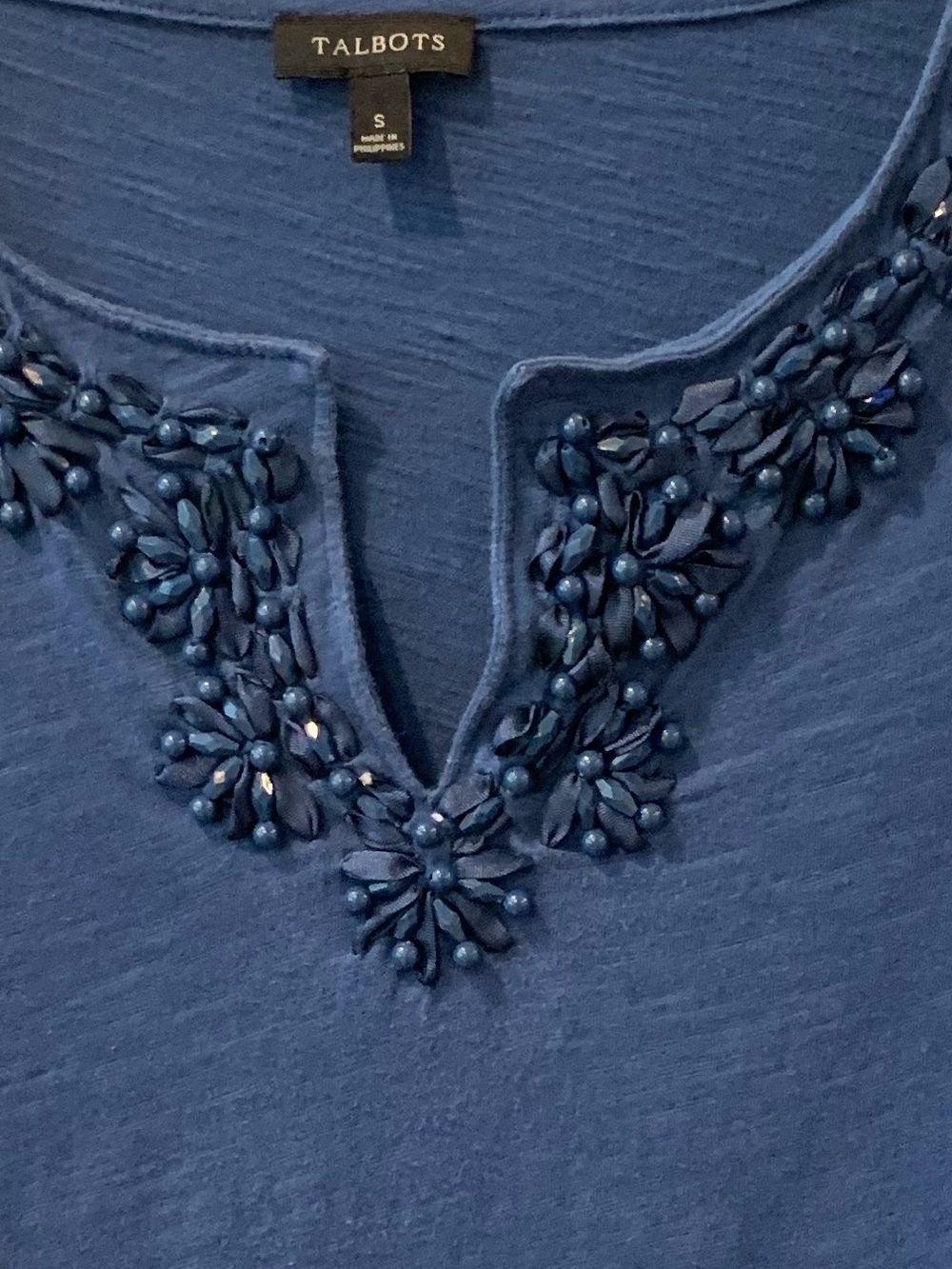 Talbots Blue 3/4 Length Sleeve V-Neck Top with Beaded Trim - Picture 5 of 5